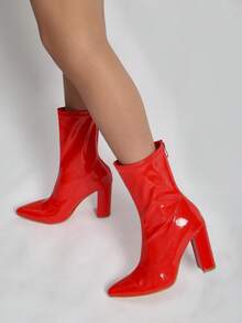 秋冬女式亮粉色尖头粗跟高跟踝靴，时尚百搭，适合圣诞派对，红色鞋跟 - 紅色 - 查看 3