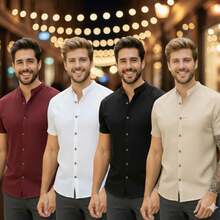 Kit Of 4 Men's Casual Short-Sleeve Shirts With Mandarin Collar, Comfortable Fabric, Year-End Promotional Combo - 彩色 - 查看 1