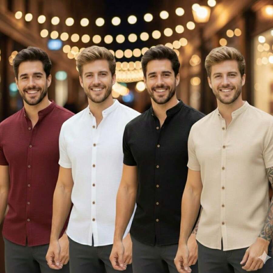 Kit Of 4 Men's Casual Short-Sleeve Shirts With Mandarin Collar, Comfortable Fabric, Year-End Promotional Combo - 彩色 - 查看 1