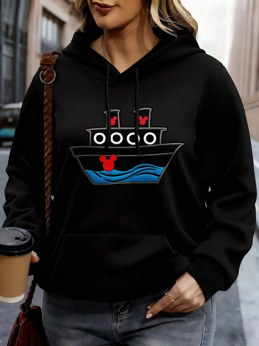 Disney Mickey Mouse Steamboat Hoodie Women Black Cotton Sweatshirt With Iconic Ship Design For Casual Wear And Disney FansChristmas Party Gift, Ladies Plus Size Sweatshirt - 黑色 - 查看 1