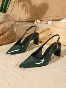 On feet& in love Women's Fashion Elegant Patent Leather Chunky Heel Slingback Closed Toe Pumps, Versatile For Party And Wedding Outfits - Dark Green - View 5