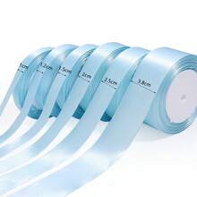 Ruy băng satin màu xanh nhạt, dài 25 thước/cuộn, chất liệu vải bóng, màu trơn, thích hợp để tự làm thiệp mời cưới, bó hoa cưới, gói quà, trang trí tiệc, đồ thủ công may vá, trang trí bánh cưới và sinh nhật, phụ kiện cưới, viền trang phục thanh lịch. - Màu xanh nhạt - Xem 8