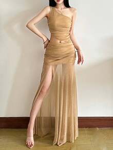 女士炫彩不对称领吊带背心和高腰透视系带半身裙套装 - 金色 - 查看 1