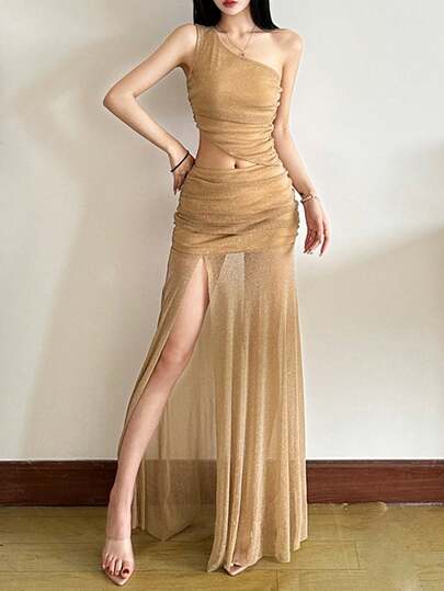 Top Dazzle Asymmetric Neck Camisole & High Waist Sheer Tie Waist Skirt Set For Women