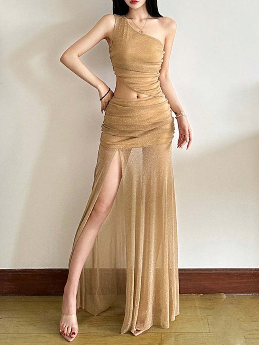 女士炫彩不对称领吊带背心和高腰透视系带半身裙套装 - 金色 - 查看 1