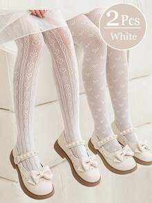 2pcs Girls' Lightweight Hollow Out Pantyhose, Thin Mesh Stockings, Spring/Summer