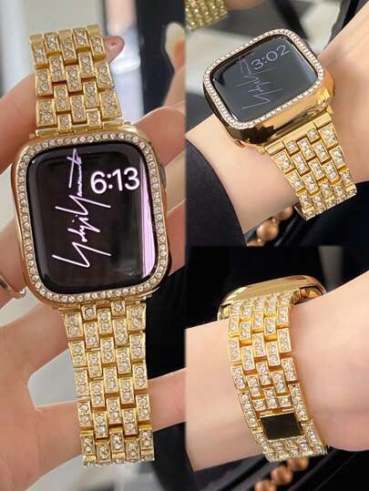 奢华闪亮珠宝，钻石金属金色表带和金色表壳，一体式屏幕保护膜，兼容 38mm、40mm、41mm、42mm、44mm、45mm、46mm、49mm，适用于 Ultra 3/2/1/SE/S11/S10/S9/S8/S7/S6/S5/S4/S3/S2/S1 系列，情人节、新年礼物之选。