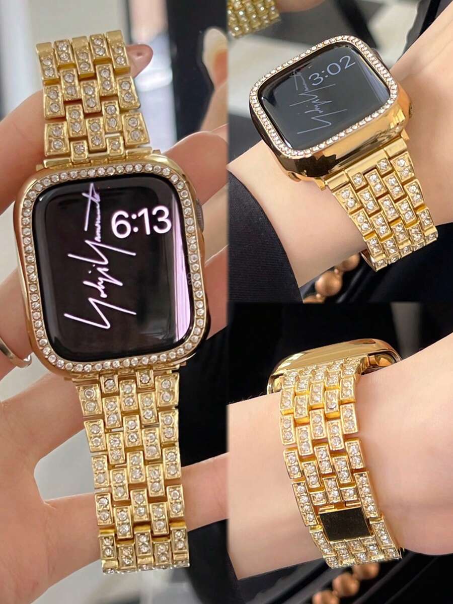 Compatível com Pulseiras 38mm, 40mm, 41mm, 42mm, 44mm, 45mm, 46mm, 49mm, Pulseira de Metal Dourada Brilhante, Elegante e Luxuosa com Diamantes e Caixa na Cor Dourada com Protetor de Tela Integrado, Compatível com Apple Watch Ultra 3/2/1/SE/S11/S10/S9/S8/S7/S6/S5/S4/S3/S2/S1 Series, Caixa de Relógio de Verão, Presente de Páscoa, Presentes para Mulheres, Festas e Bailes