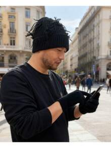 Unisex Winter Distressed Knit Beanie - Plain Ribbed Cuff, Cap Slouchy Ripped Skull Cap + Glove Set Beanie Men Caps