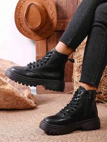 Giày bốt cổ ngắn buộc dây mũi tròn màu đen thời trang dành cho nữ, ấm áp và thoải mái, cỡ lớn dành cho mùa đông - màu đen - Xem 5