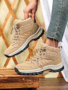 Fashionable Light Brown Leather High-Top Women's Hiking Boots, TPR Thickened Sole, Lace-Up Design, Durable & Comfortable, Suitable For Hiking And Hunting, Wear-Resistant, Suitable For Daily Work, Sports And Leisure Wear, Comfortable And Versatile Winter Snow Boots, Suitable As Holiday Gifts And Daily Wear - Light Brown - View 3