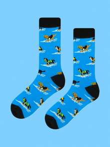 一双卡通冲浪狗图案男士中筒袜，采用柔软透气面料，适合休闲穿着。可爱袜子，趣味配饰，俏皮设计，舒适贴合，独特风格。 - 彩色 - 查看 1