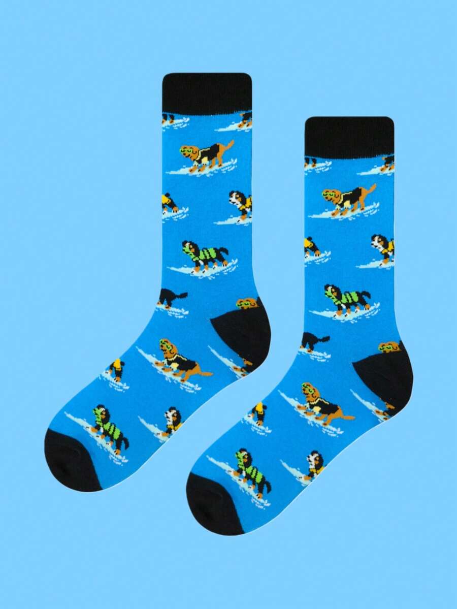 一双卡通冲浪狗图案男士中筒袜，采用柔软透气面料，适合休闲穿着。可爱袜子，趣味配饰，俏皮设计，舒适贴合，独特风格。 - 彩色 - 查看 1