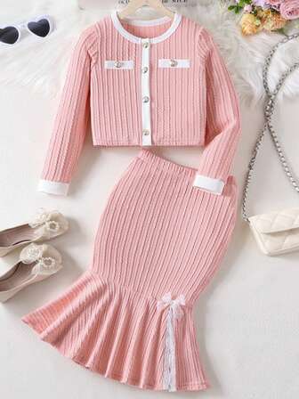 2pcs Girls Ribbed Knit Cardigan Top And Mermaid Hem Skirt Set, Elegant, Spring/Autumn