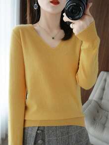 Jersey Casual de Manga Larga Cuello en V para Mujer, Suave y Cómodo - Amarillo - Ver 5
