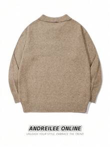 ANDREILEE 男士休闲宽松通勤简约纯色百搭 Polo 领 V 领轻薄长袖针织衫，适合秋冬季穿着 - 卡其色 - 查看 5