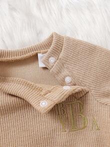 3pcs Newborn Baby Casual Knit Crew Neck Raglan Sleeve Embroidered Sweatshirt, Elastic Waist Pants And Hat Set, Autumn/Winter