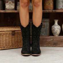 Women's Pointed Toe Mid-Calf Boots, Embroidered Suede Thick Heel Boots Pull-On Embroidered Brown Western Style Boots, Round Toe Mid-Calf Casual Riding Boots, Fashionable And Versatile Short-Barrel Cowboy Boots, New Autumn And Winter Styles - 黑色 - 查看 4
