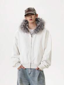 American Retro Fur Collar Couple Hooded Zipper Cardigan Sweatshirt Autumn And Winter Men's  High-End Jacket - 灰色 - 查看 2