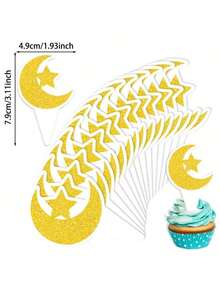 6/12/18/24pcs Star & Moon Cake Toppers, Glitter Paper Cupcake Picks, Party Supplies Tabletop Decorations - Gold - View 2
