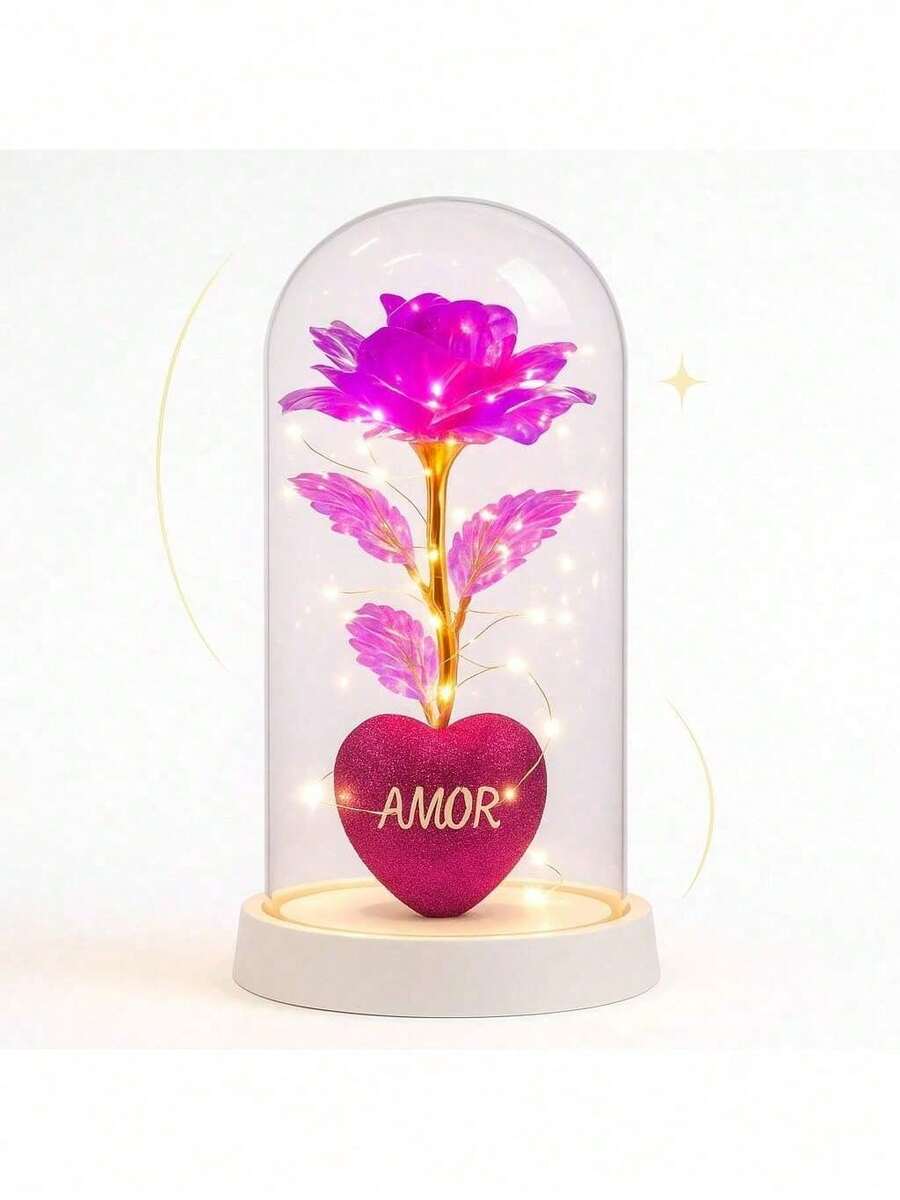 Luminária Rosa Eterna Coração Amor Luz Decorativa Romântico - Roxo - Visão 1