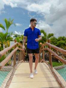 Men's Short-Sleeve Shirt With Mandarin Collar And Linen-Look - Assorted Colors - Comfortable - Royal Blue - View 3