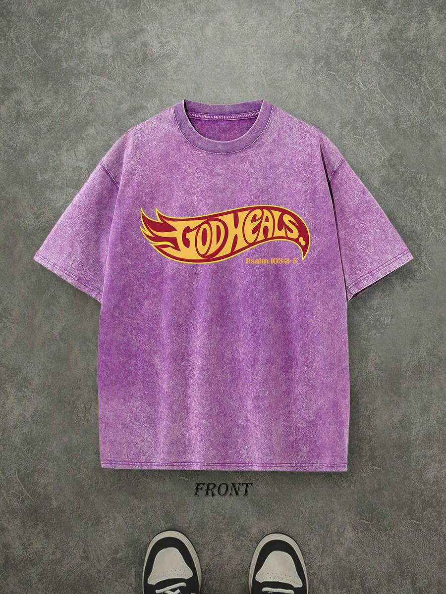 God Heals Unisex Washed Christian Shirt, Christian Scripture T-Shirt, Vintage Retro Washed Shirt Single-Sided Printed (230 Heavyweight Pure Cotton T-Shirt)  High Quality Christian T-Shirt, Christian Gifts, Men's And Women's Shirts, Comfortable, Fashion Christian Shirt, Street Style Pure Cotton Fall Shirt - Màu Lilac Tím - Xem 1