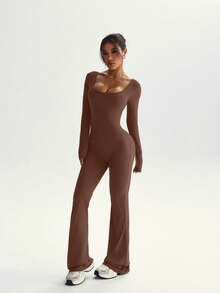 FWH Jumpsuit seksi dan elastis ini memiliki desain bagian bokong berkerut, efek mengangkat dan melangsingkan, bra bawaan yang dapat dilepas, lengan panjang, desain punggung yang elegan, kaki melebar kelas atas, kontrol perut pinggang tinggi, mencerahkan dan membuat tampak bercahaya. - Coklat - View 8