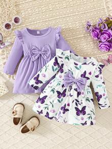 2pcs/Set Baby Girls Minimalist Cute Rose & Butterfly Print Flutter Sleeve Round Neck Dress + Solid Ribbed Dress, Spring/Autumn - Violet Purple - View 2