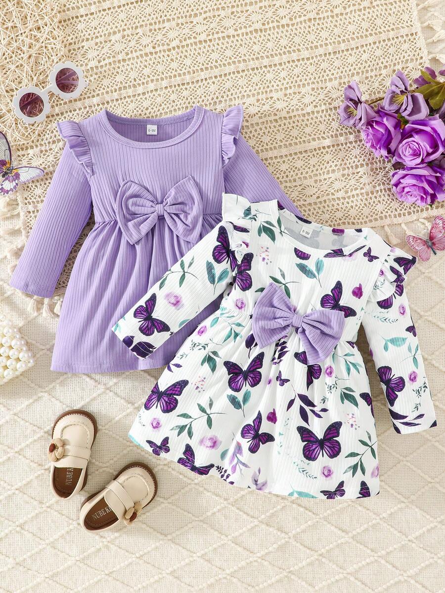 2pcs/Set Baby Girls Minimalist Cute Rose & Butterfly Print Flutter Sleeve Round Neck Dress + Solid Ribbed Dress, Spring/Autumn