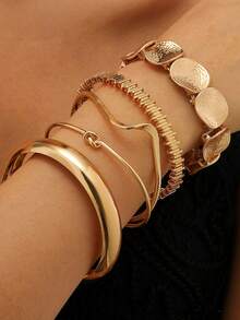 5pcs/Set Vintage Elegant Bohemian Style Delicate Floral Plain Twisted Geometric Open Bangle Bracelet Set With Elastic Bands, Suitable For Women's Daily, Party, Holiday, Vacation Wear, Perfect Gift Choice - Golden Yellow (5pcs) - View 3