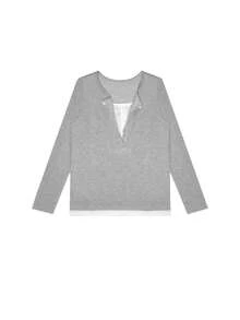 女士宽松休闲薄款分层设计套头衫 - 灰色 - 查看 2