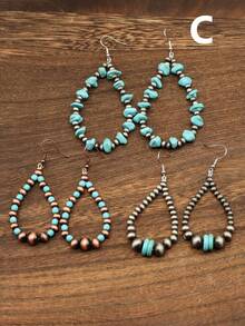 3对波西米亚流苏复古银色珍珠和绿松石/宝石装饰水滴形串珠西部乡村风格时尚吊坠耳环，适合女性日常佩戴 - 綠松石色 - 查看 6