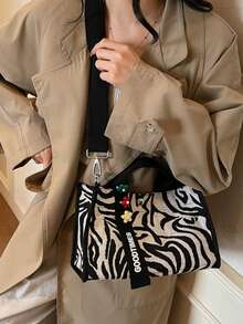 Fashionable Versatile Fabric Bag, Commuter Zebra Print Handbag - Black and White - View 5