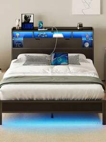 Base Cama Led Con Estante Y Estación Carga,Base Cama Matrimonial Plegable con Storage, Puertos USB y de Carga, Luces LED, Ideal para Recámara Moderna, Full 211*139*113 - Negro - Ver 8