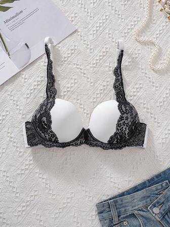 1 件优雅侧蕾丝钢圈聚拢文胸，性感弹力肩带，美背文胸