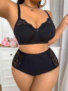 大码女士针织舒适内衣套装 - 黑色 - 查看 5
