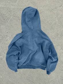 Washed Men's Autumn Drop Shoulder Zip Front Vintage Graphic Print Casual Hoodie - Navy Blue - View 2