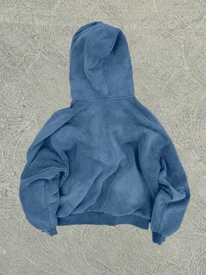 Áo hoodie nam cổ điển in họa tiết thường ngày, có khóa kéo phía trước, vai trễ, dáng rộng, mùa thu, đã giặt