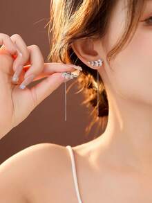 Nooxian 2pcs Micro-Inlaid Zirconia Leaf Metal Wire Tassel Zirconia Ear Line Earrings For Women - Silver - View 9
