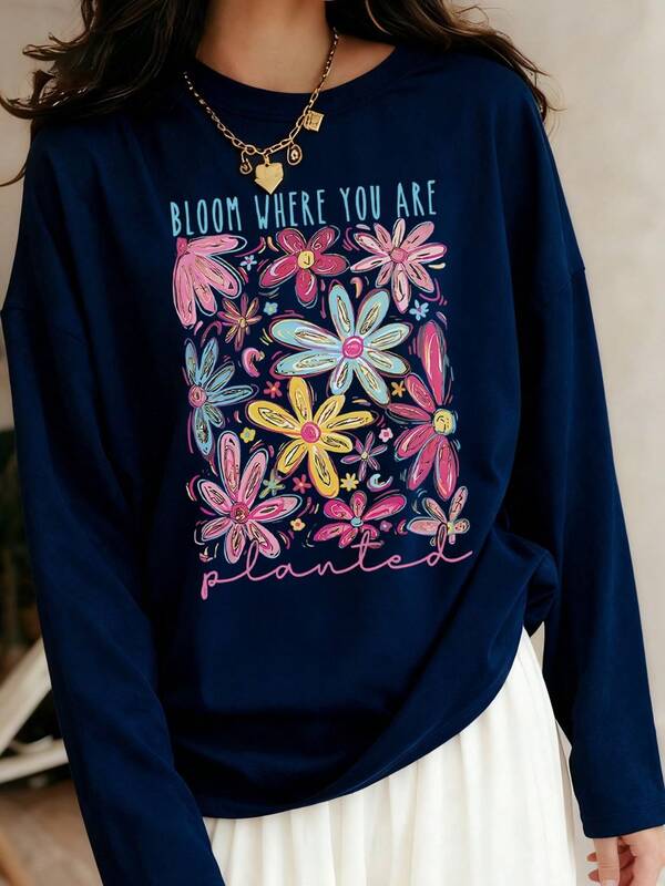 1 pieza Camiseta de manga larga con estampado casual para niñas preadolescentes, diseño de primavera/otoño, de moda, cálido y cómodo para estudiantes jóvenes y adolescentes