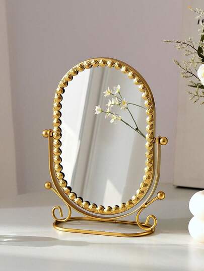 1pc Personalized Makeup Mirror, Oval Metal Frame, Shell Decor Design, 360° Rotation, Luxurious Retro Style, Suitable For Vanity, Bathroom, Dorm, Bedroom
