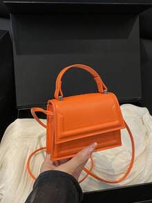 1pc Orange Mini Fashionable Minimalist Textured Handbag, Small Square Bag, Lipstick Pouch, Versatile Cute Shoulder Bag - Orange - View 7