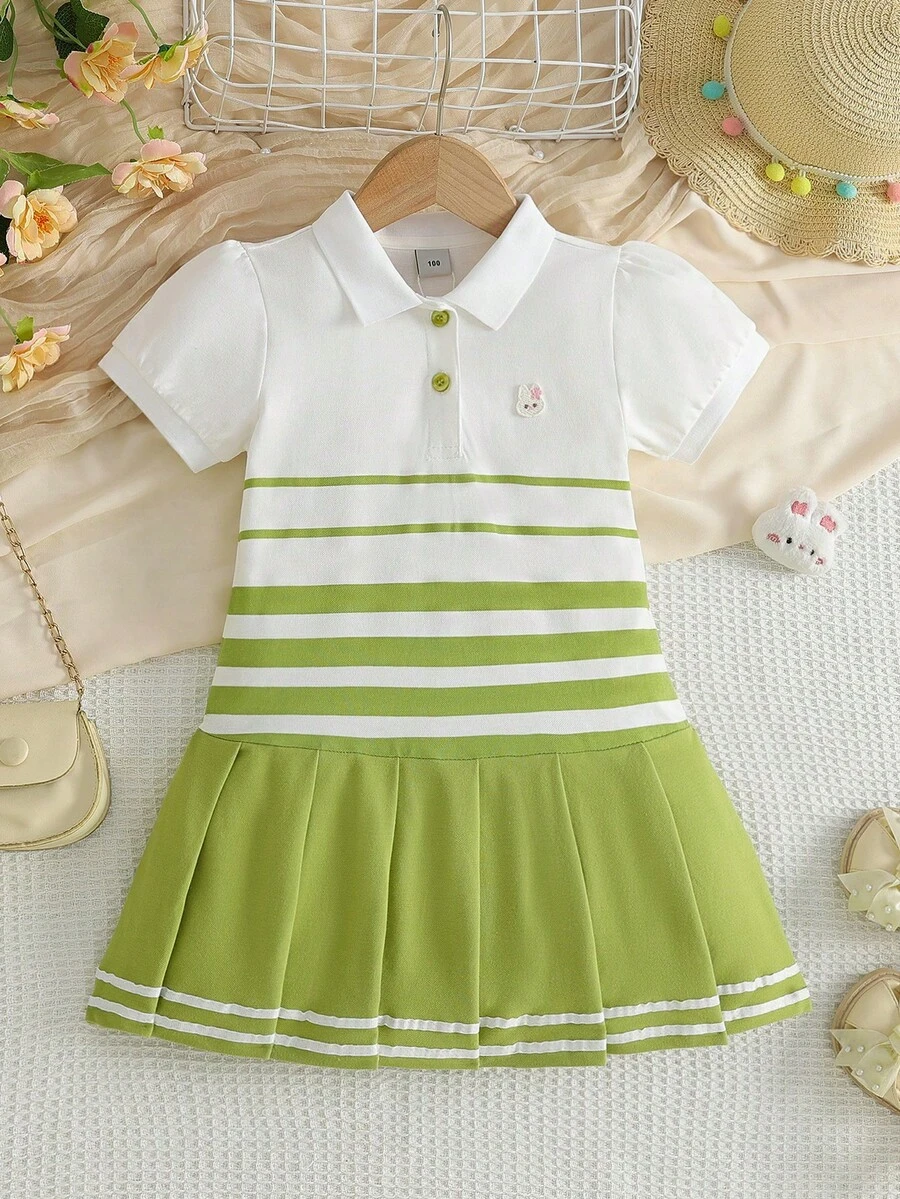Young Girl Striped Print Polo Collar Short Sleeve Casual Dress, Summer - Lime Green - View 1