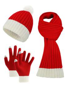 3pcs Women Simple Solid Color Vertical Striped Knit Knitted Beanie, Scarf Set With Gloves, Warm And Cozy For Casual Outdoor Use In Autumn/Winter Christmas Winter Accessories Winter Outfits