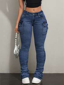 Women's Denim Work Pants, Multi Pocket Pleated Jeans - 藍色 - 查看 4