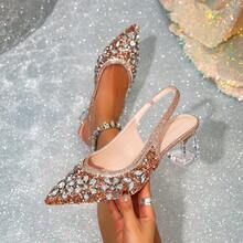 Women's Fashion High Heel Sandals, Pointed Toe High Heels, Sparkling Rhinestone Decor, Transparent Crystal Asymmetric Heel, Elastic Strap Backless High Heel Sandals, Lightweight Comfortable Insole, Suitable For Party, Wedding, Business, Date Night!,Spring Summer Outfits - Champagne - View 8