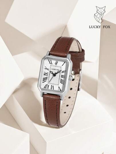  1 pieza Reloj de cuarzo con esfera cuadrada de aleación de zinc y correa de cuero vintage de LUCKYFOX, casual para jóvenes y estudiantes, adecuado para uso diario, regalo de Navidad