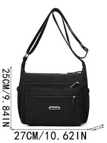 Casual Nylon Shoulder Bag With Adjustable Strap, Multi-Compartment, Solid Color, Zipper Closure, Polyester Lining, Lightweight And Convenient Crossbody Bag For Daily Use - Black - View 3