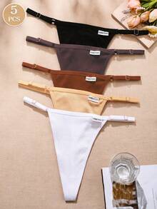 Set da 5 pezzi di mutandine da donna a vita bassa, in cotone tinta unita e a righe, sottili, con etichetta a logo, sexy e confortevoli